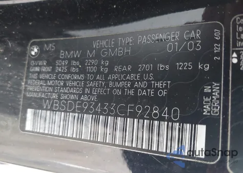 2003 BMW M5 from USA, damaged, VIN WBSDE93433CF92840